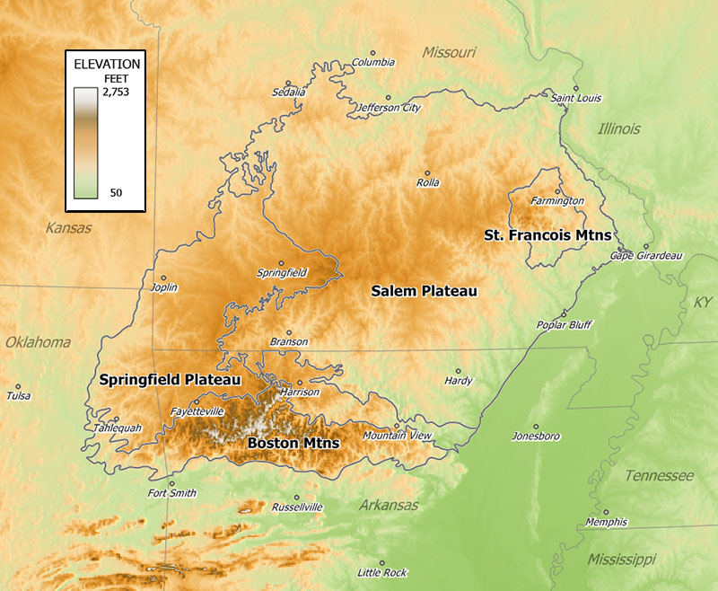 Ozark Mountains Physical Map